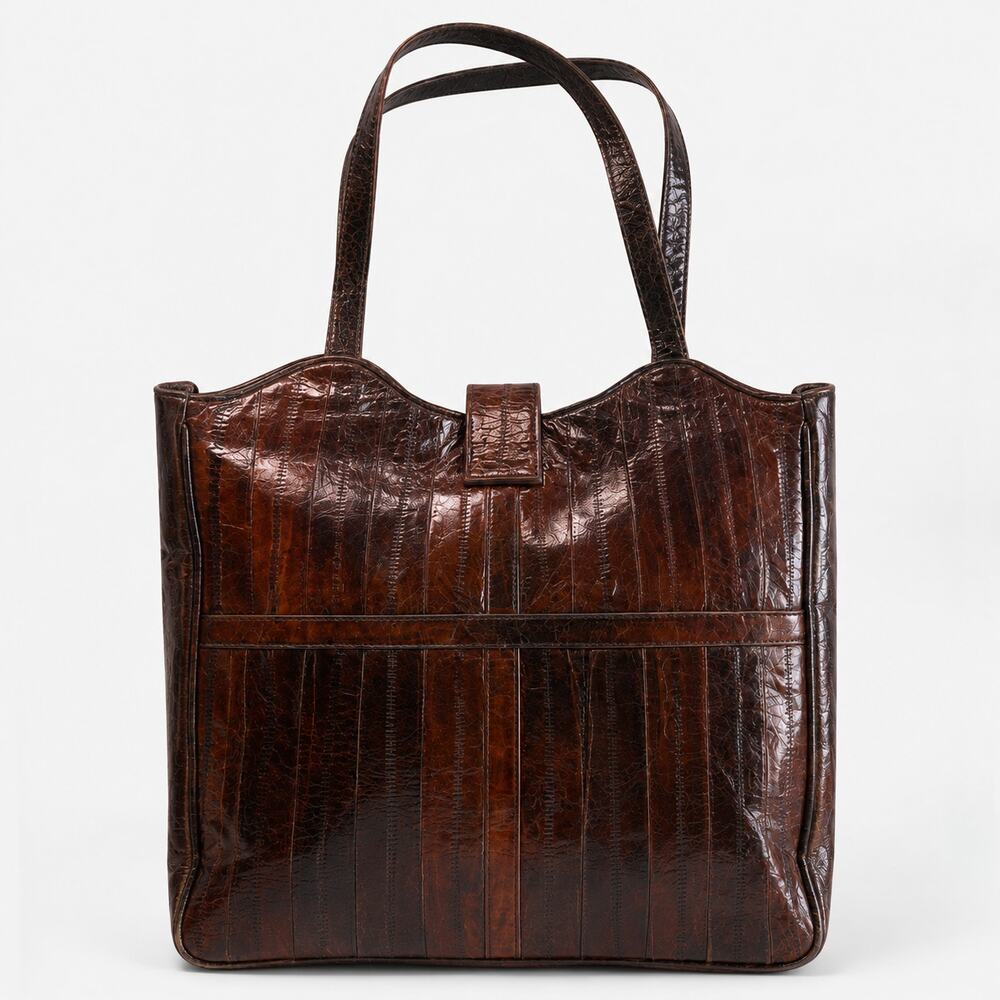 Vintage Brown Eel Skin Leather Tote Shoulder Bag Shopper Purse